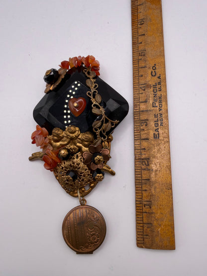 Vintage Sarah Jane Victorian Revival Cherub & Locket Statement Brooch