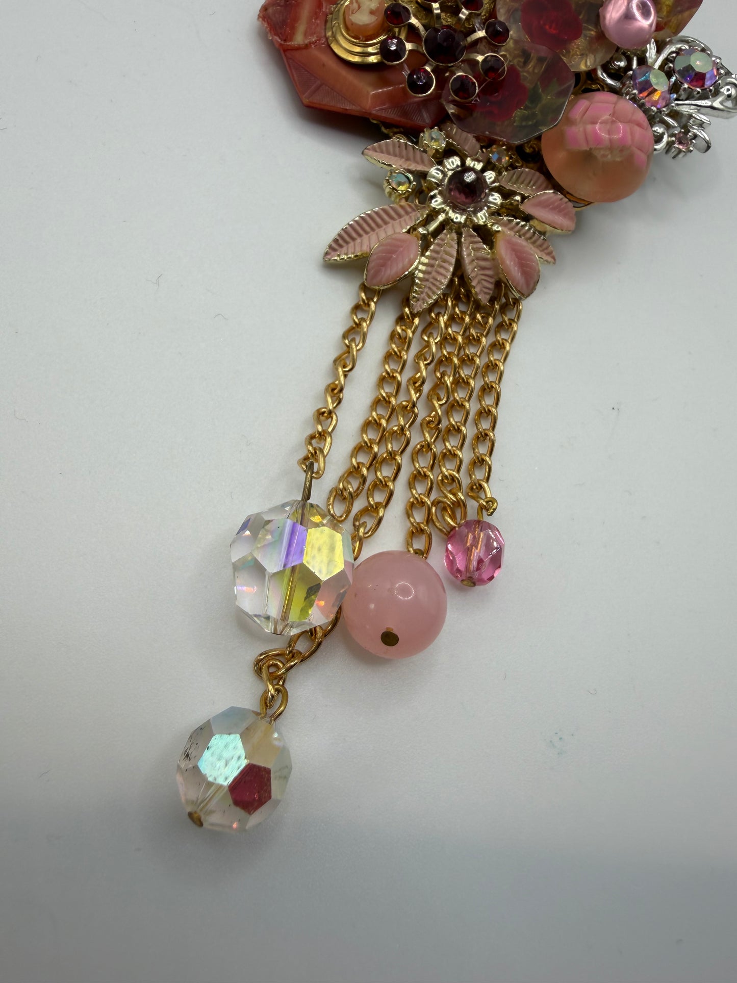 Vintage Sarah Jane Pink Rhinestone & Cameo Flower Statement Pendant