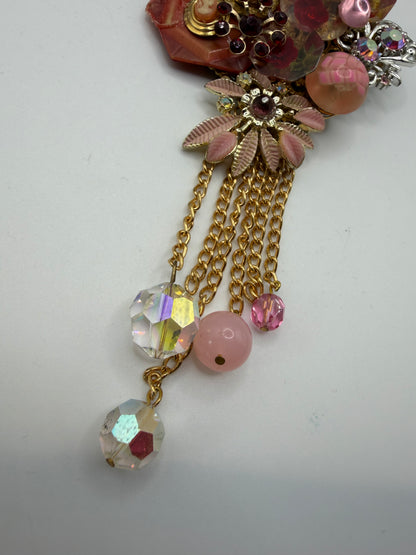 Vintage Sarah Jane Pink Rhinestone & Cameo Flower Statement Pendant