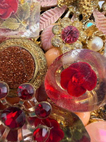 Vintage Sarah Jane Pink Rhinestone & Cameo Flower Statement Pendant
