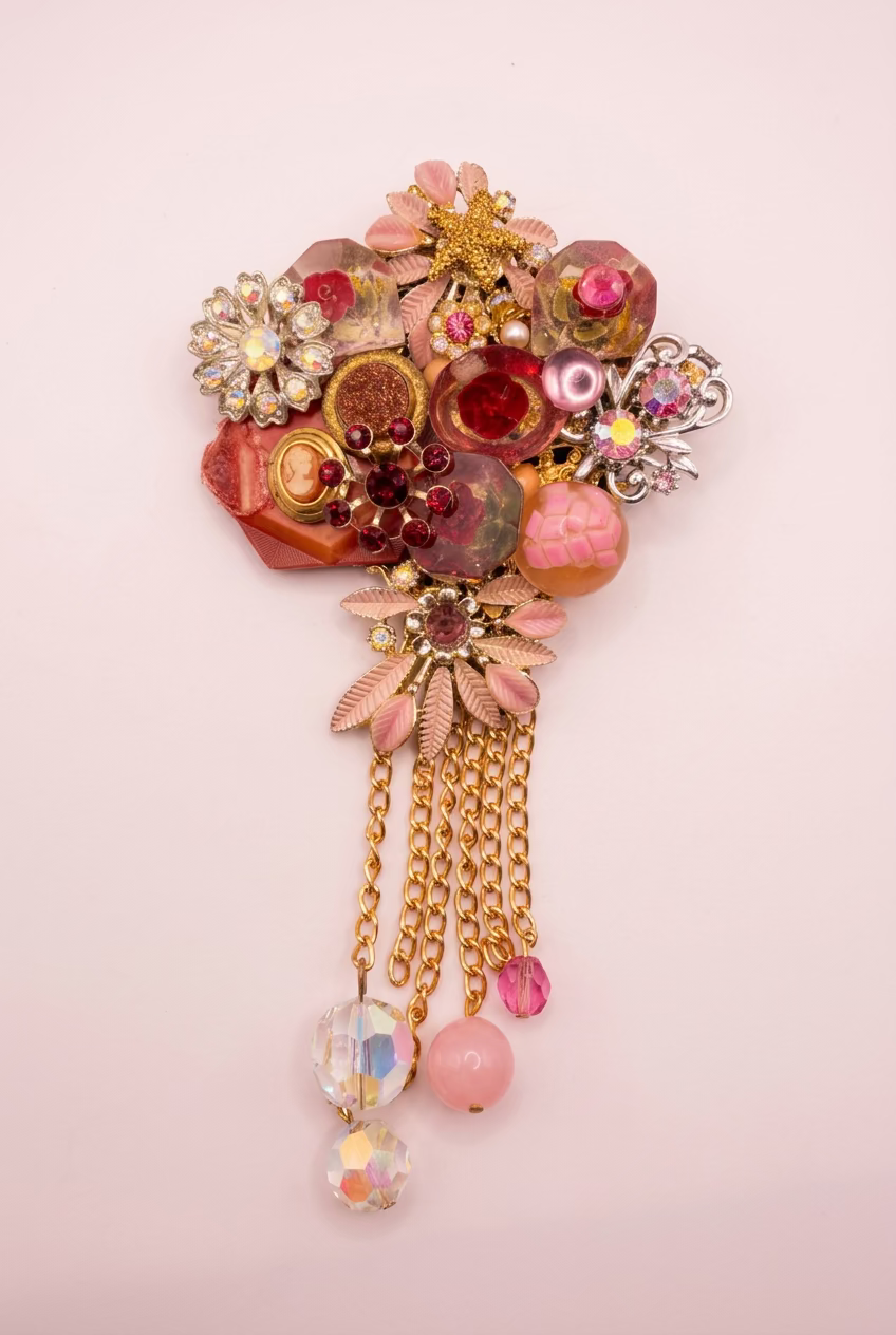 Vintage Sarah Jane Pink Rhinestone & Cameo Flower Statement Pendant