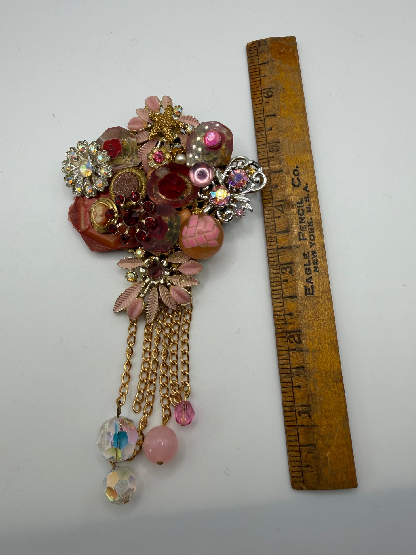 Vintage Sarah Jane Pink Rhinestone & Cameo Flower Statement Pendant