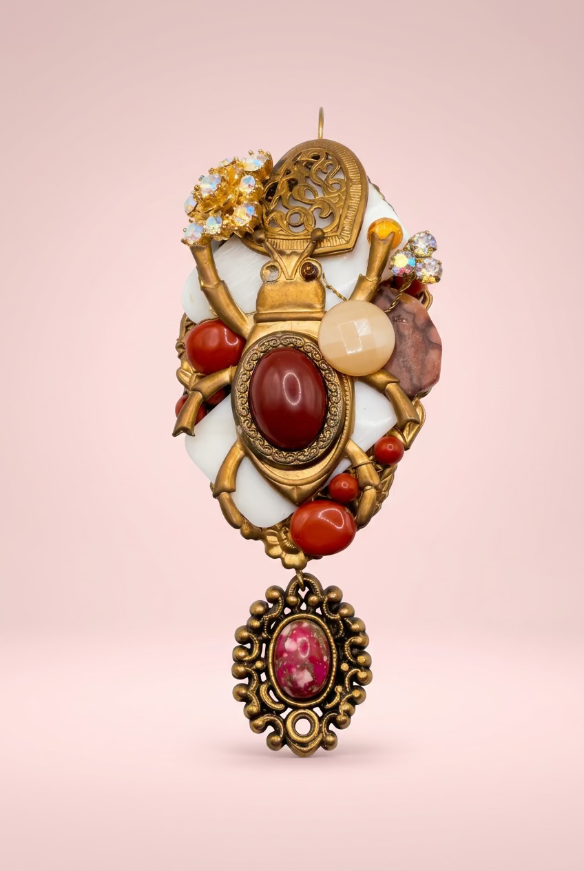 Vintage Sarah Jane Carnelian Scarab Statement Pendant Brooch