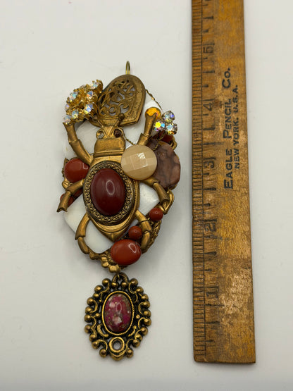 Vintage Sarah Jane Carnelian Scarab Statement Pendant Brooch