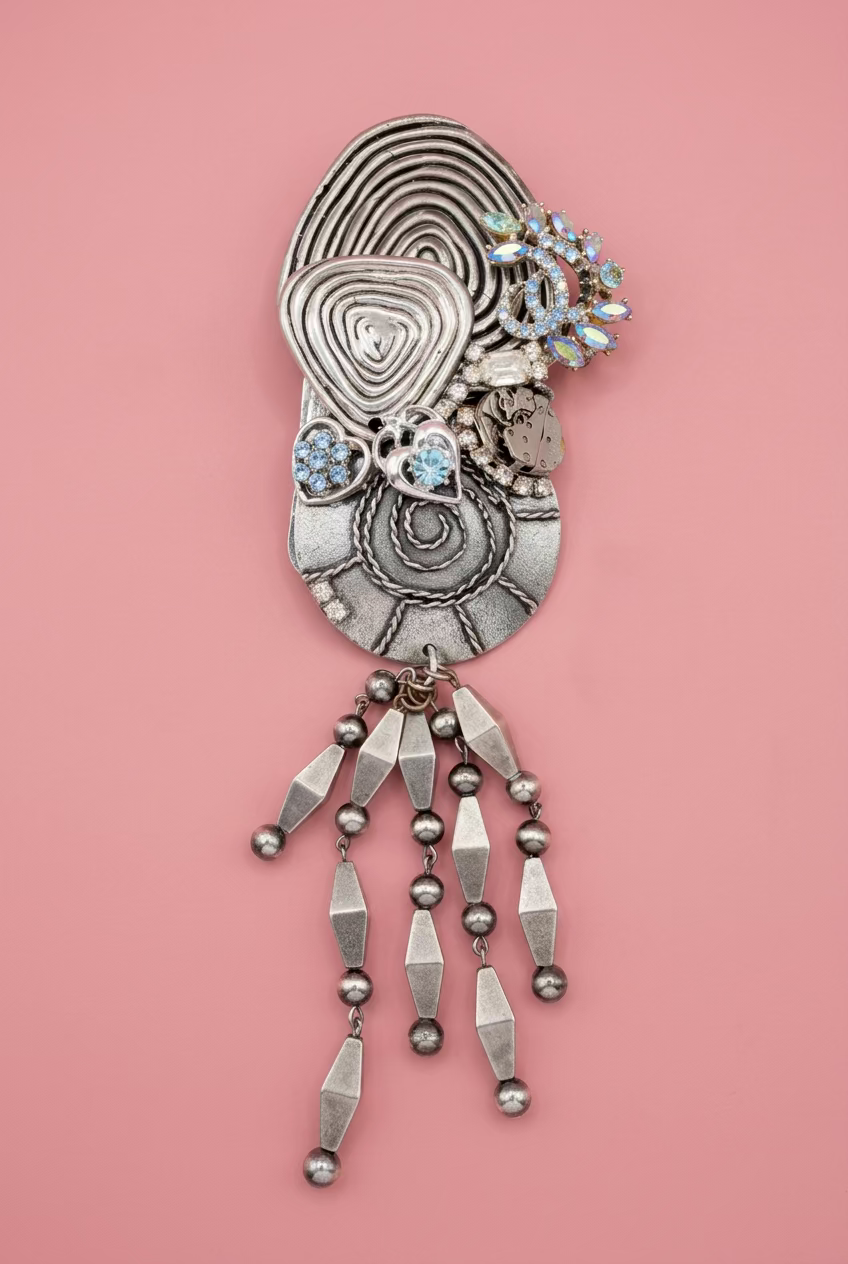 Vintage Sarah Jane Gunmetal Spiral Statement Pendant with Bead Fringe