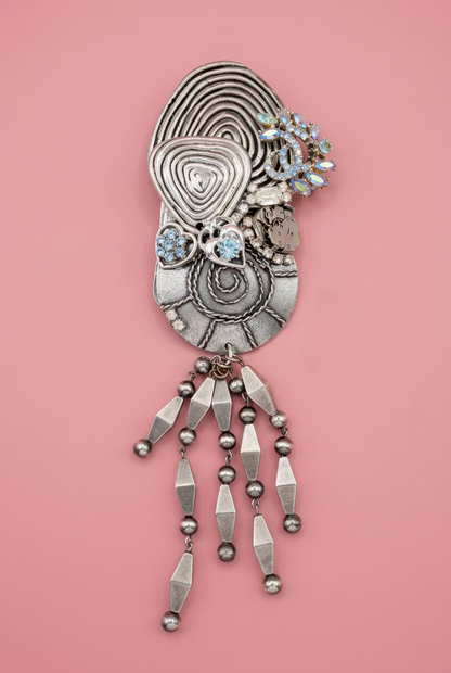 Vintage Sarah Jane Gunmetal Spiral Statement Pendant with Bead Fringe