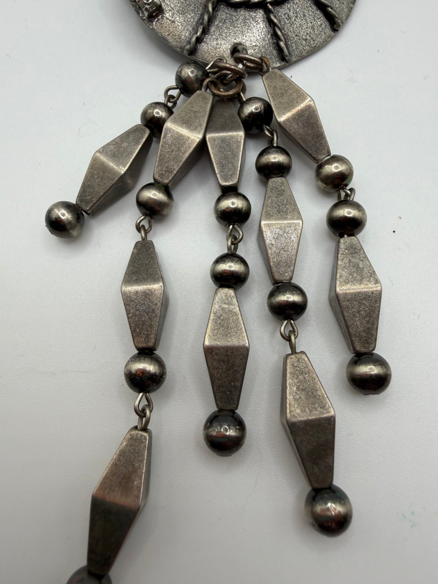 Vintage Sarah Jane Gunmetal Spiral Statement Pendant with Bead Fringe