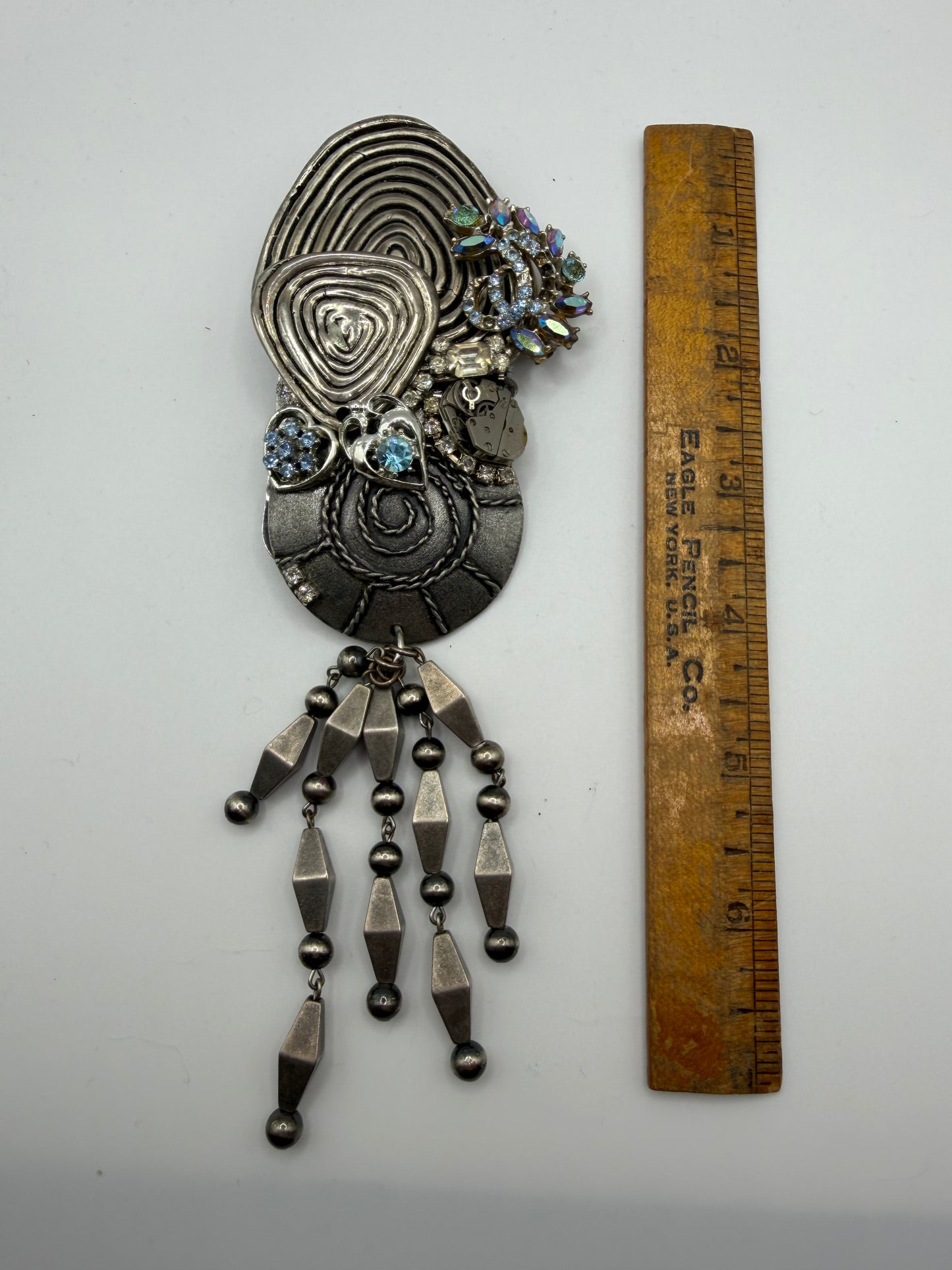 Vintage Sarah Jane Gunmetal Spiral Statement Pendant with Bead Fringe