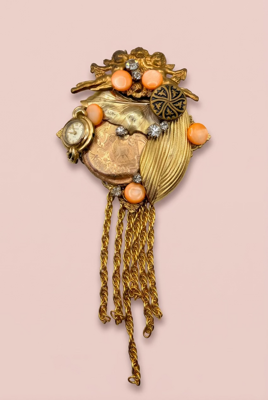 Vintage Sarah Jane Cherub Coral Watch Collage Statement Pendant