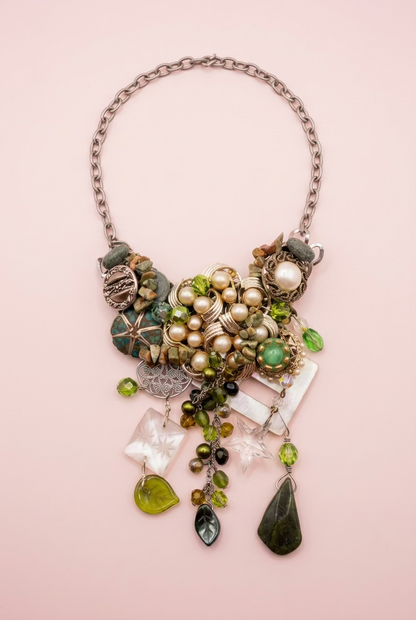 Vintage Sarah Jane Pearl & Green Stone Cluster Statement Necklace
