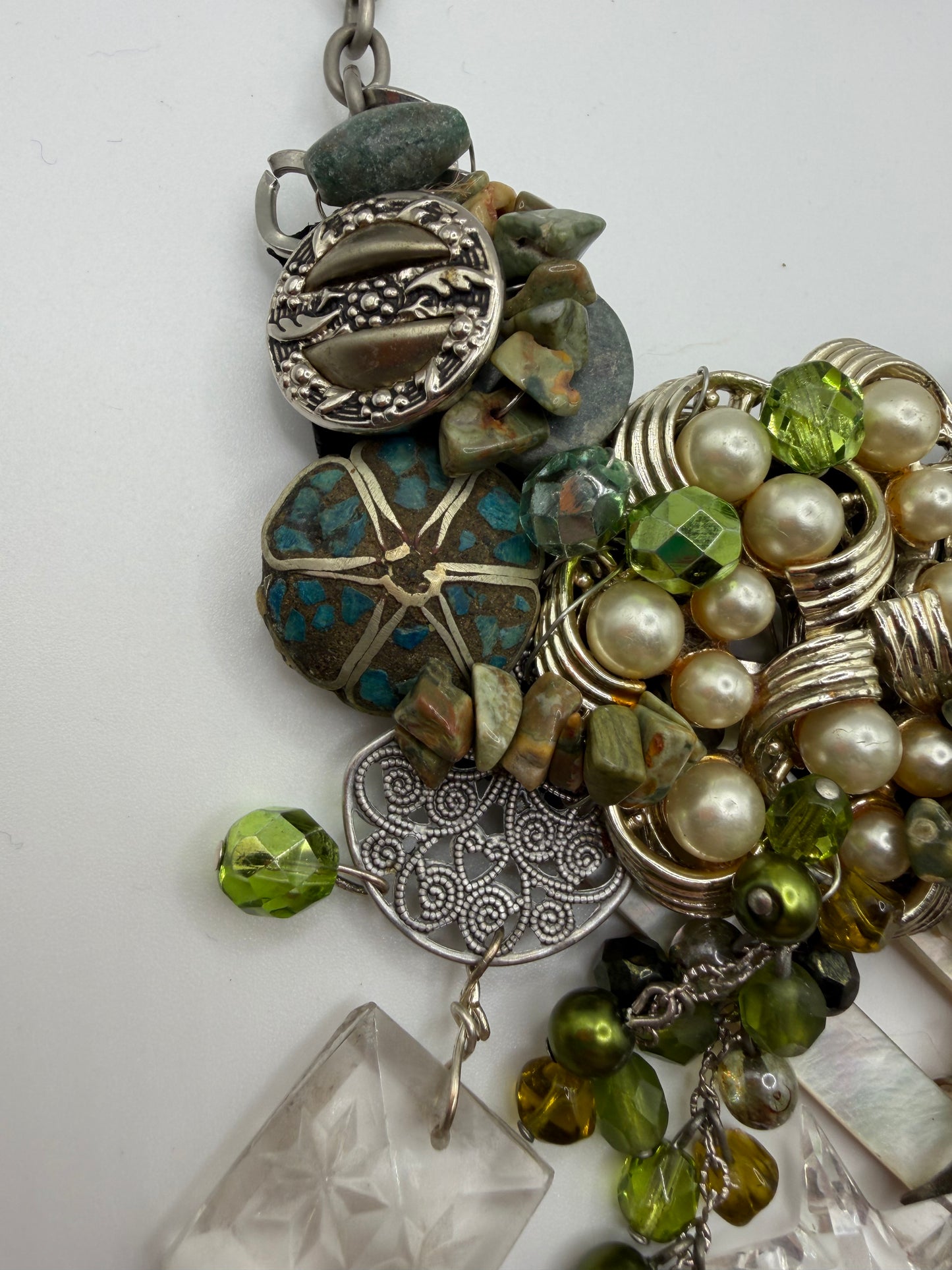Vintage Sarah Jane Pearl & Green Stone Cluster Statement Necklace