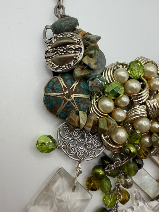 Vintage Sarah Jane Pearl & Green Stone Cluster Statement Necklace