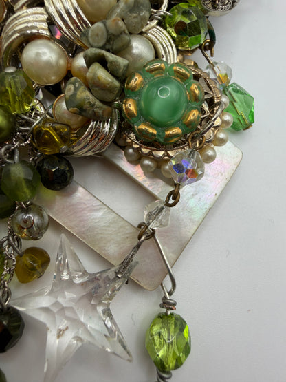 Vintage Sarah Jane Pearl & Green Stone Cluster Statement Necklace