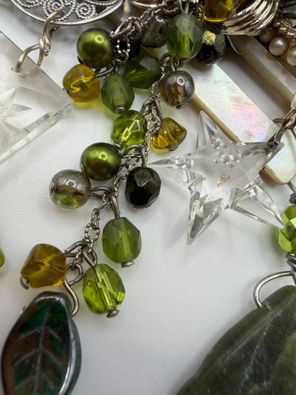 Vintage Sarah Jane Pearl & Green Stone Cluster Statement Necklace