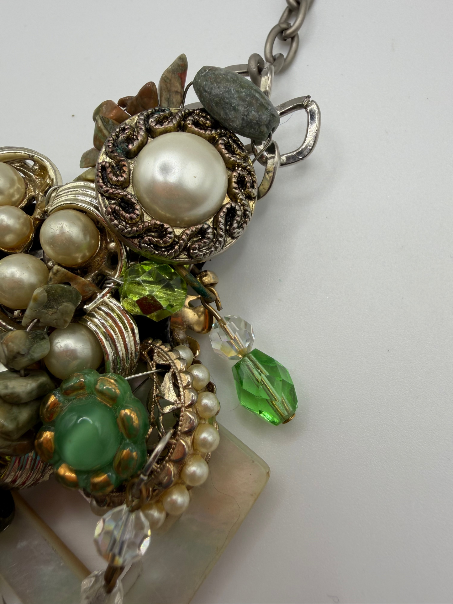 Vintage Sarah Jane Pearl & Green Stone Cluster Statement Necklace
