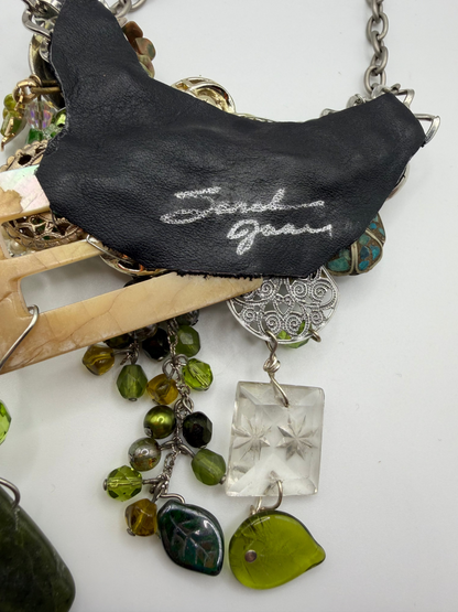 Vintage Sarah Jane Pearl & Green Stone Cluster Statement Necklace
