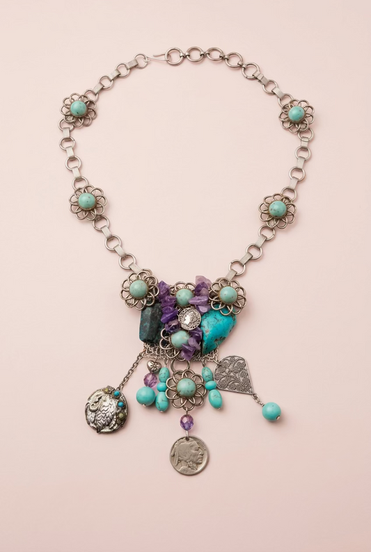 Vintage Sarah Jane Turquoise & Amethyst Chip Statement Necklace with Buffalo Nickel Charm