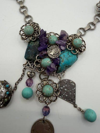 Vintage Sarah Jane Turquoise & Amethyst Chip Statement Necklace with Buffalo Nickel Charm
