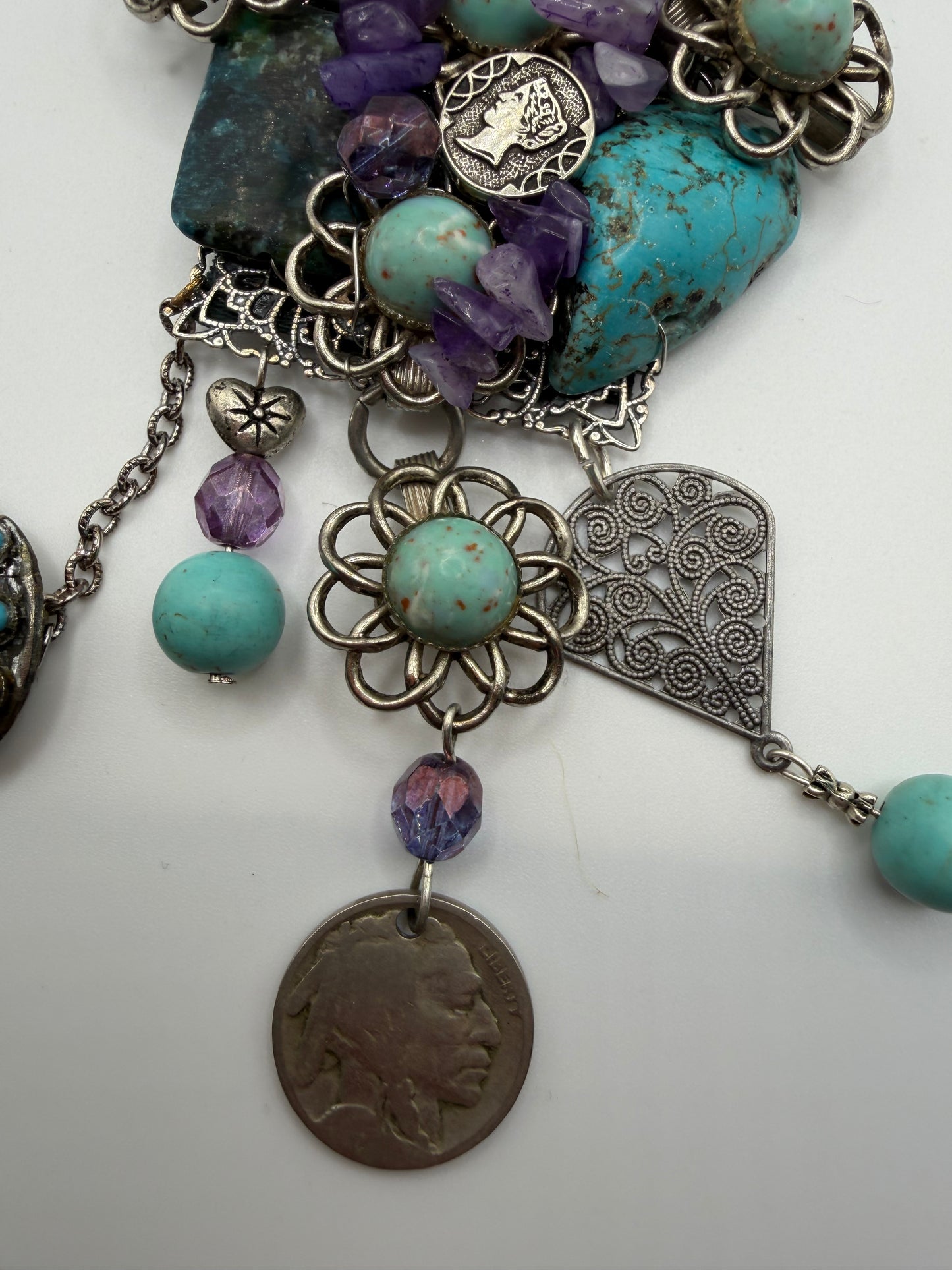 Vintage Sarah Jane Turquoise & Amethyst Chip Statement Necklace with Buffalo Nickel Charm