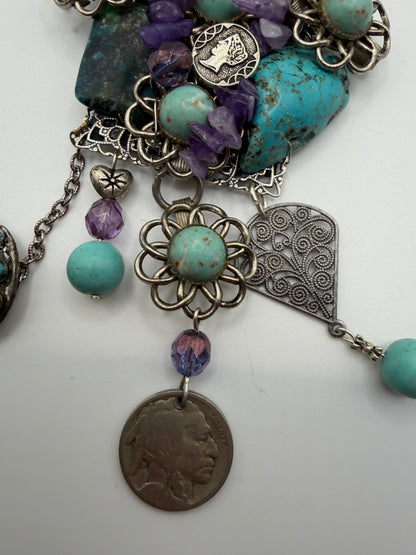 Vintage Sarah Jane Turquoise & Amethyst Chip Statement Necklace with Buffalo Nickel Charm