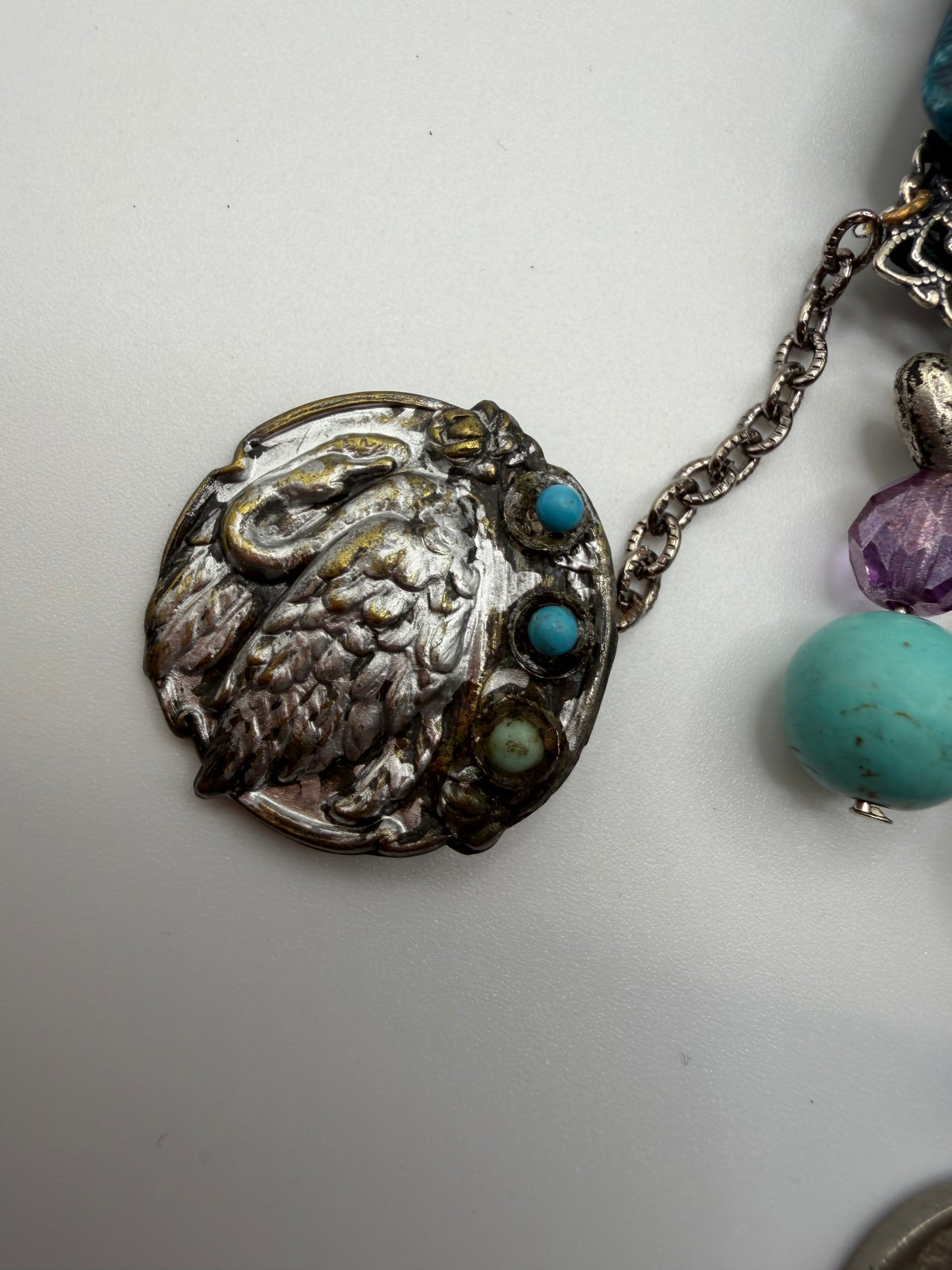 Vintage Sarah Jane Turquoise & Amethyst Chip Statement Necklace with Buffalo Nickel Charm