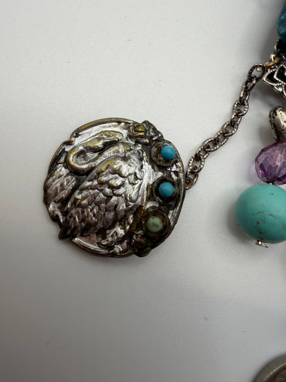 Vintage Sarah Jane Turquoise & Amethyst Chip Statement Necklace with Buffalo Nickel Charm
