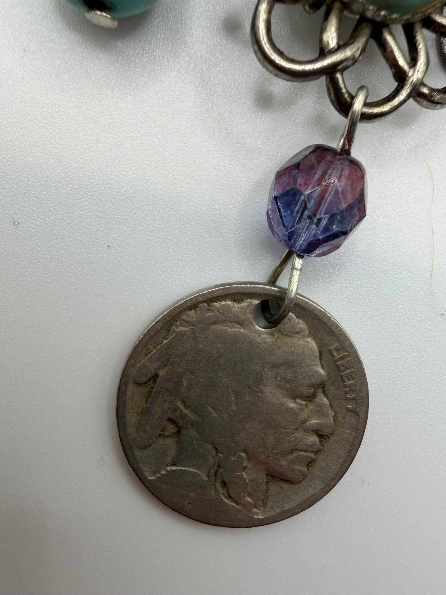 Vintage Sarah Jane Turquoise & Amethyst Chip Statement Necklace with Buffalo Nickel Charm