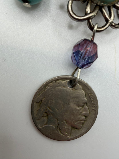 Vintage Sarah Jane Turquoise & Amethyst Chip Statement Necklace with Buffalo Nickel Charm