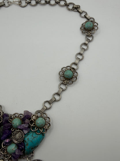 Vintage Sarah Jane Turquoise & Amethyst Chip Statement Necklace with Buffalo Nickel Charm