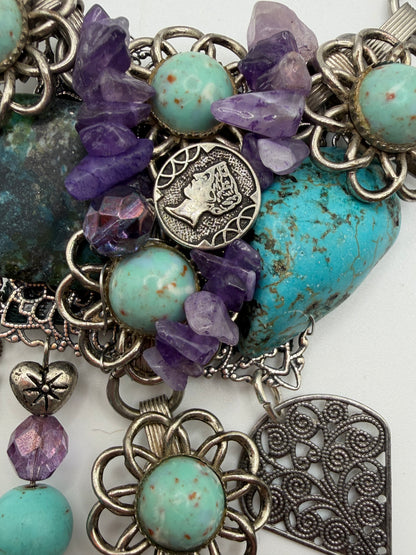 Vintage Sarah Jane Turquoise & Amethyst Chip Statement Necklace with Buffalo Nickel Charm