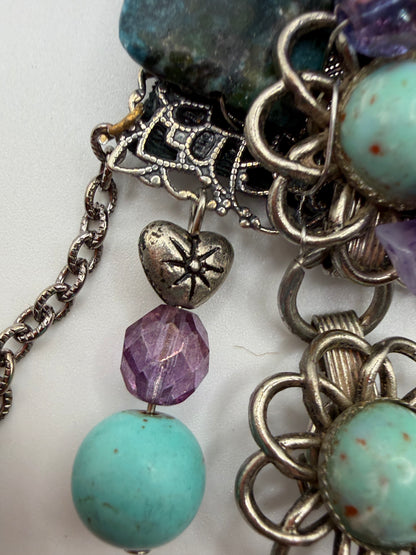 Vintage Sarah Jane Turquoise & Amethyst Chip Statement Necklace with Buffalo Nickel Charm