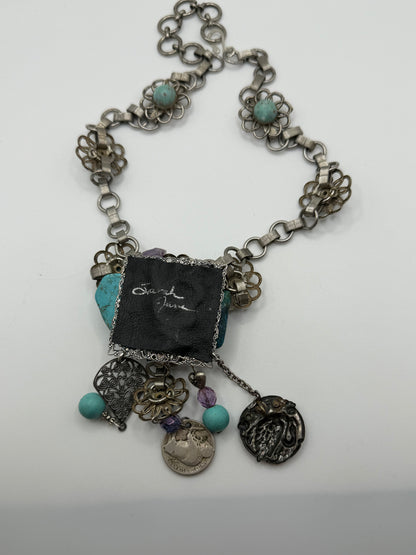 Vintage Sarah Jane Turquoise & Amethyst Chip Statement Necklace with Buffalo Nickel Charm