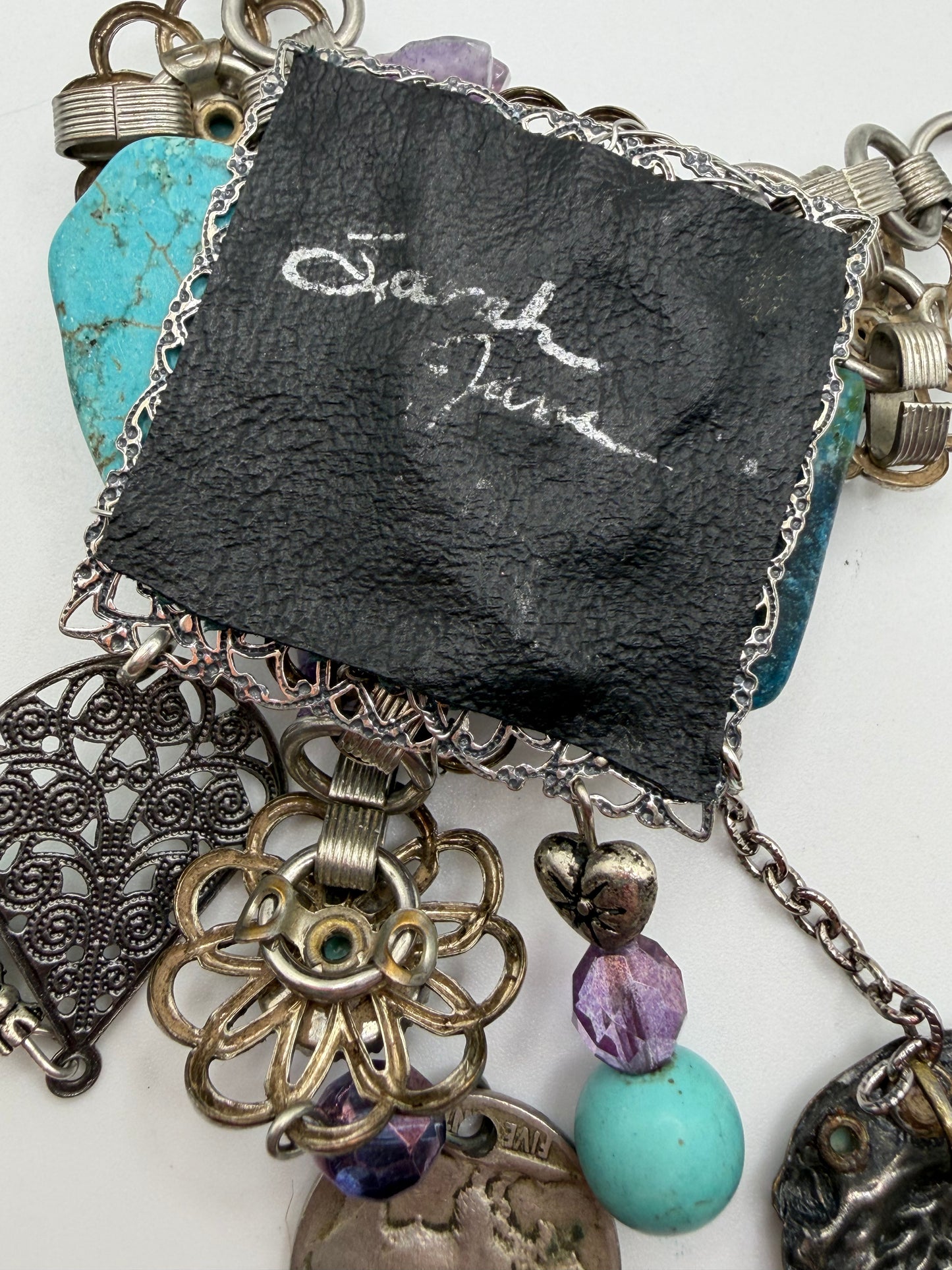 Vintage Sarah Jane Turquoise & Amethyst Chip Statement Necklace with Buffalo Nickel Charm
