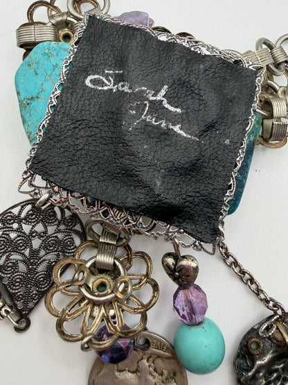 Vintage Sarah Jane Turquoise & Amethyst Chip Statement Necklace with Buffalo Nickel Charm
