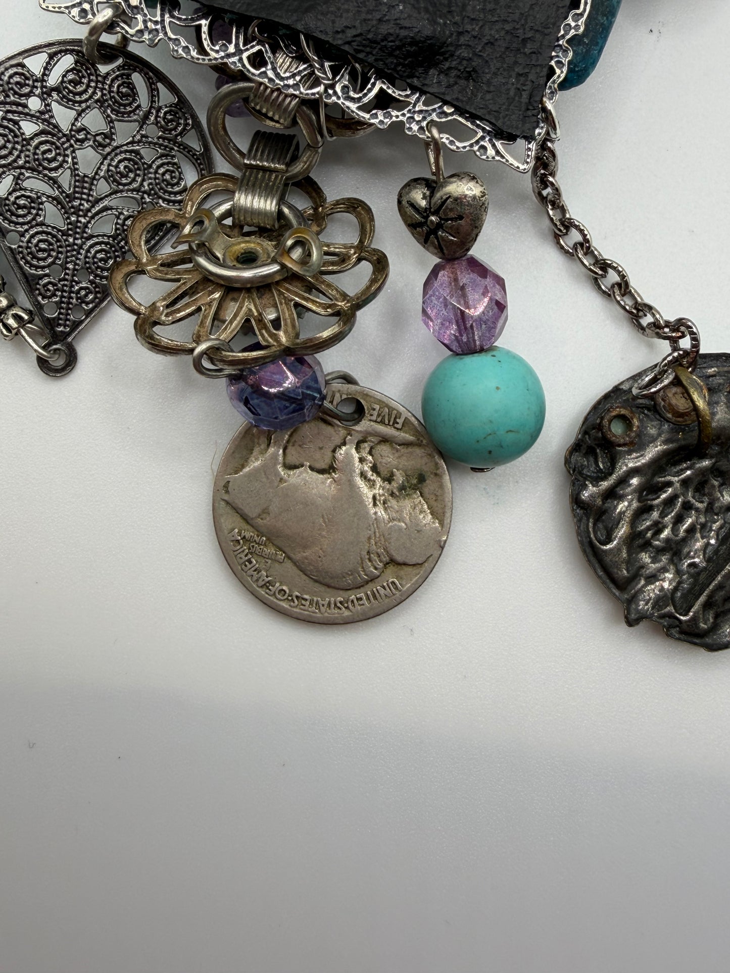 Vintage Sarah Jane Turquoise & Amethyst Chip Statement Necklace with Buffalo Nickel Charm
