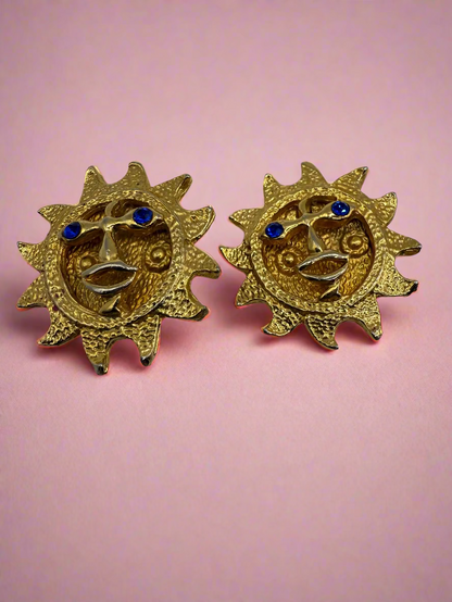 Vintage Chunky Smiling Sun Clip On Earrings