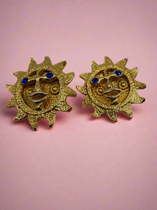 Vintage Chunky Smiling Sun Clip On Earrings