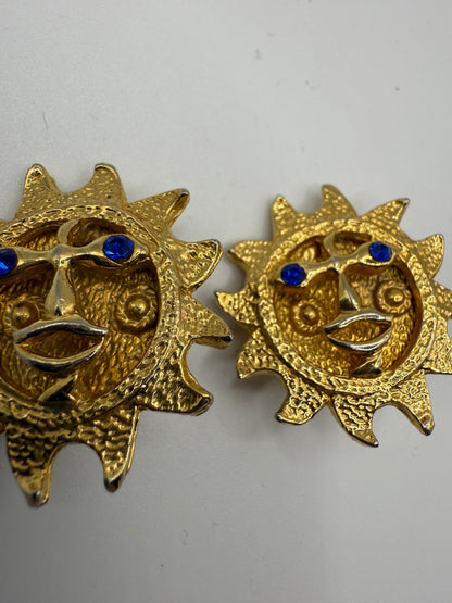 Vintage Chunky Smiling Sun Clip On Earrings