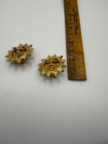 Vintage Chunky Smiling Sun Clip On Earrings
