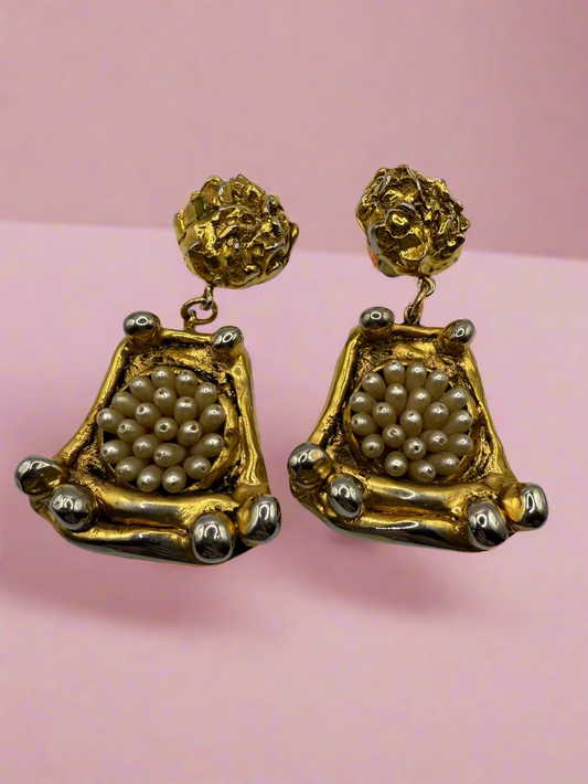 Vintage Massive French Rococo Chunky Gold Pearl Chandelier Earrings