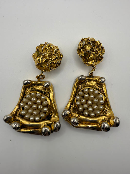 Vintage Massive French Rococo Chunky Gold Pearl Chandelier Earrings