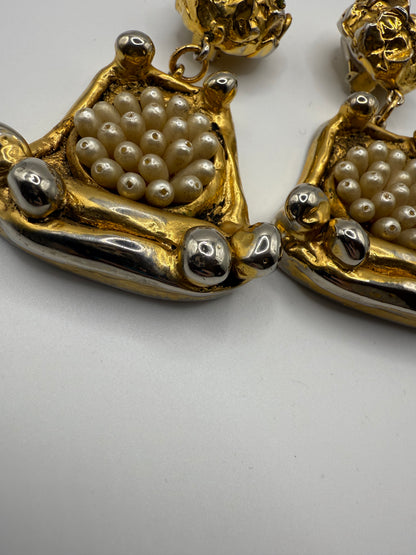 Vintage Massive French Rococo Chunky Gold Pearl Chandelier Earrings