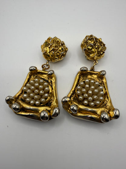 Vintage Massive French Rococo Chunky Gold Pearl Chandelier Earrings
