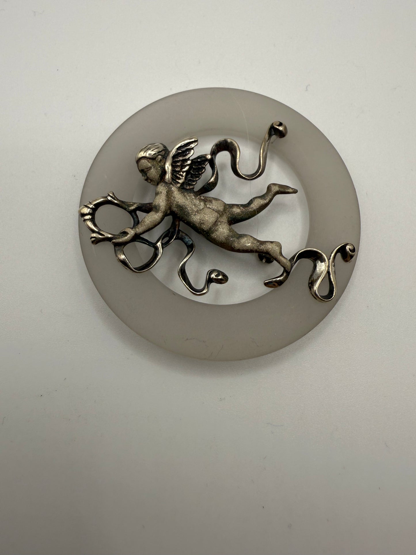 Vintage Sterling Silver Cherub Moon Brooch