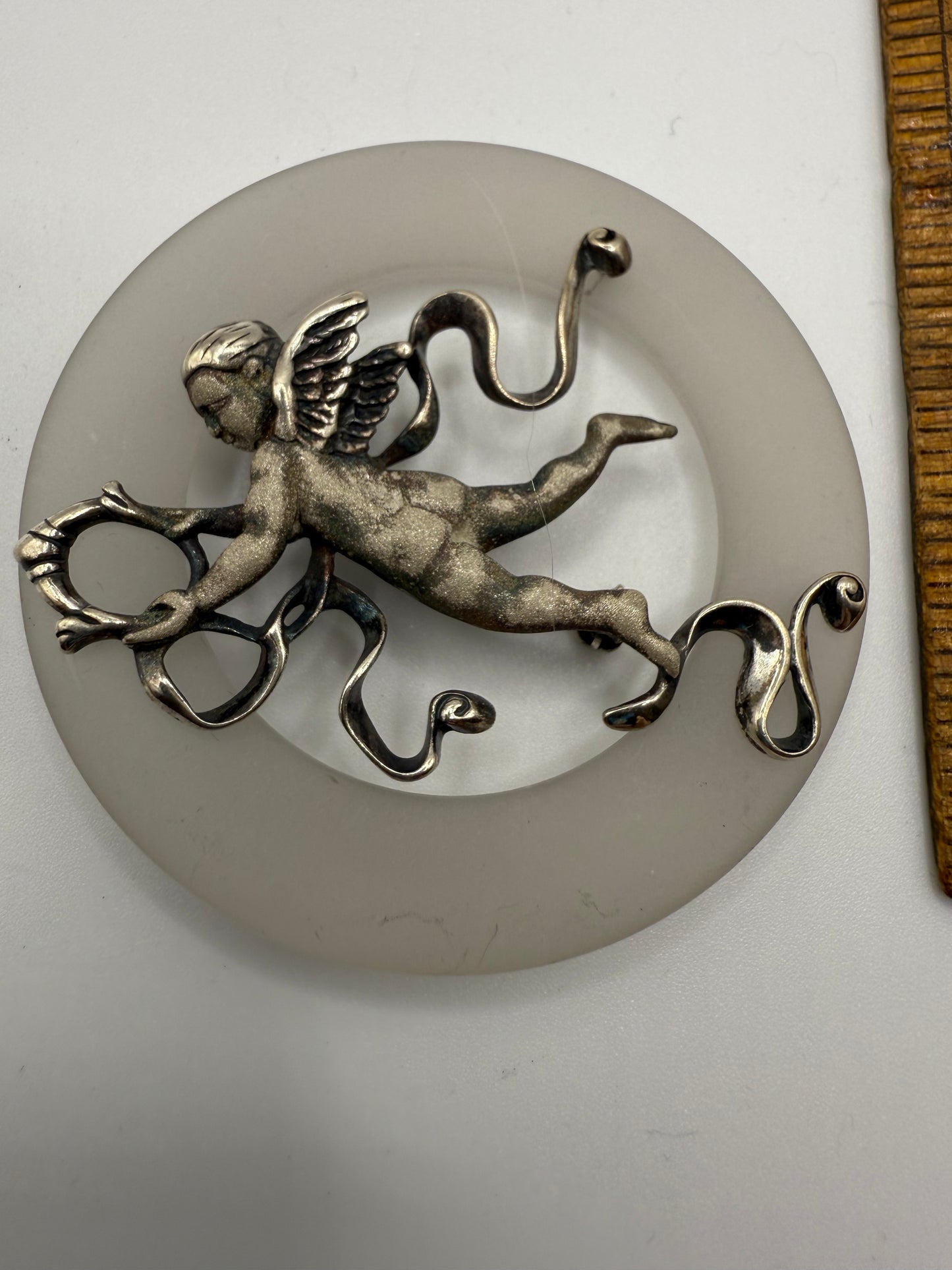 Vintage Sterling Silver Cherub Moon Brooch