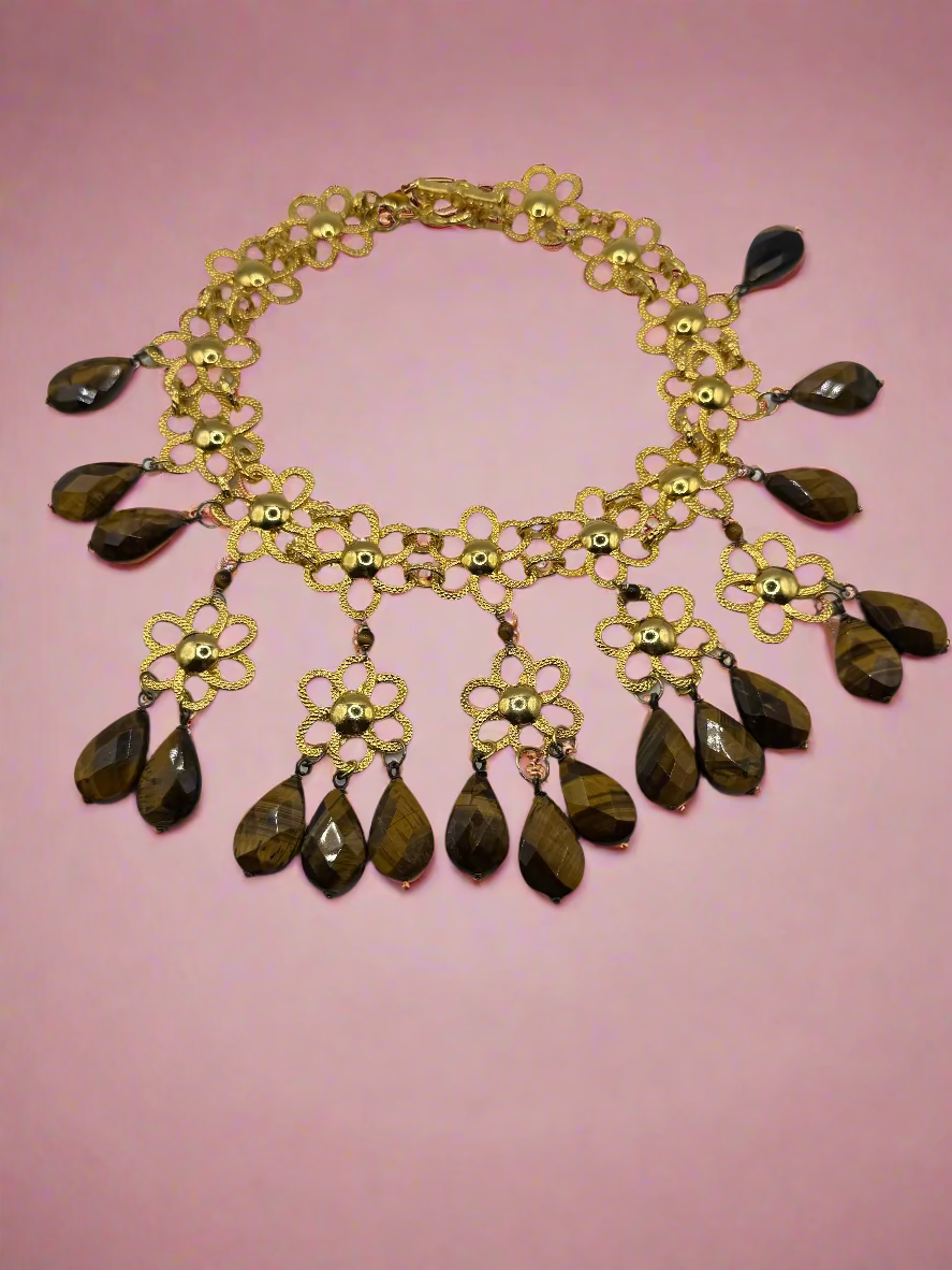 Vintage Robert Sorrell Floral Tiger's Eye Collar Necklace