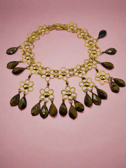 Vintage Robert Sorrell Floral Tiger's Eye Collar Necklace