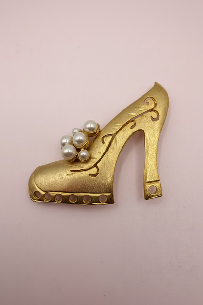 Vintage Ultra Craft Golden High Heel Pearl Brooch