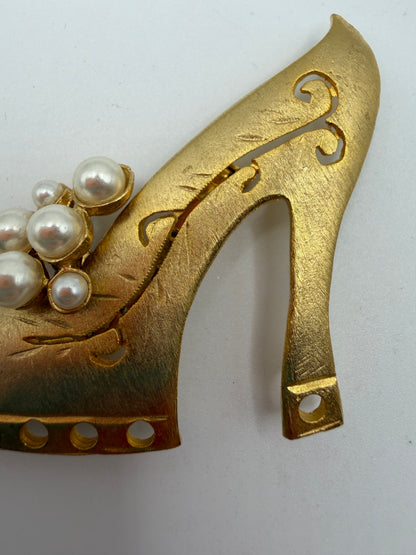Vintage Ultra Craft Golden High Heel Pearl Brooch