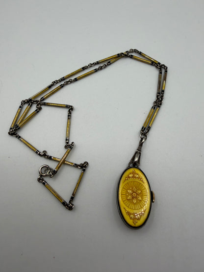 Antique Plojoux Geneve Golden Yellow Art Deco Guilloché Enamel Silver Watch Necklace w/ Ornate Chain